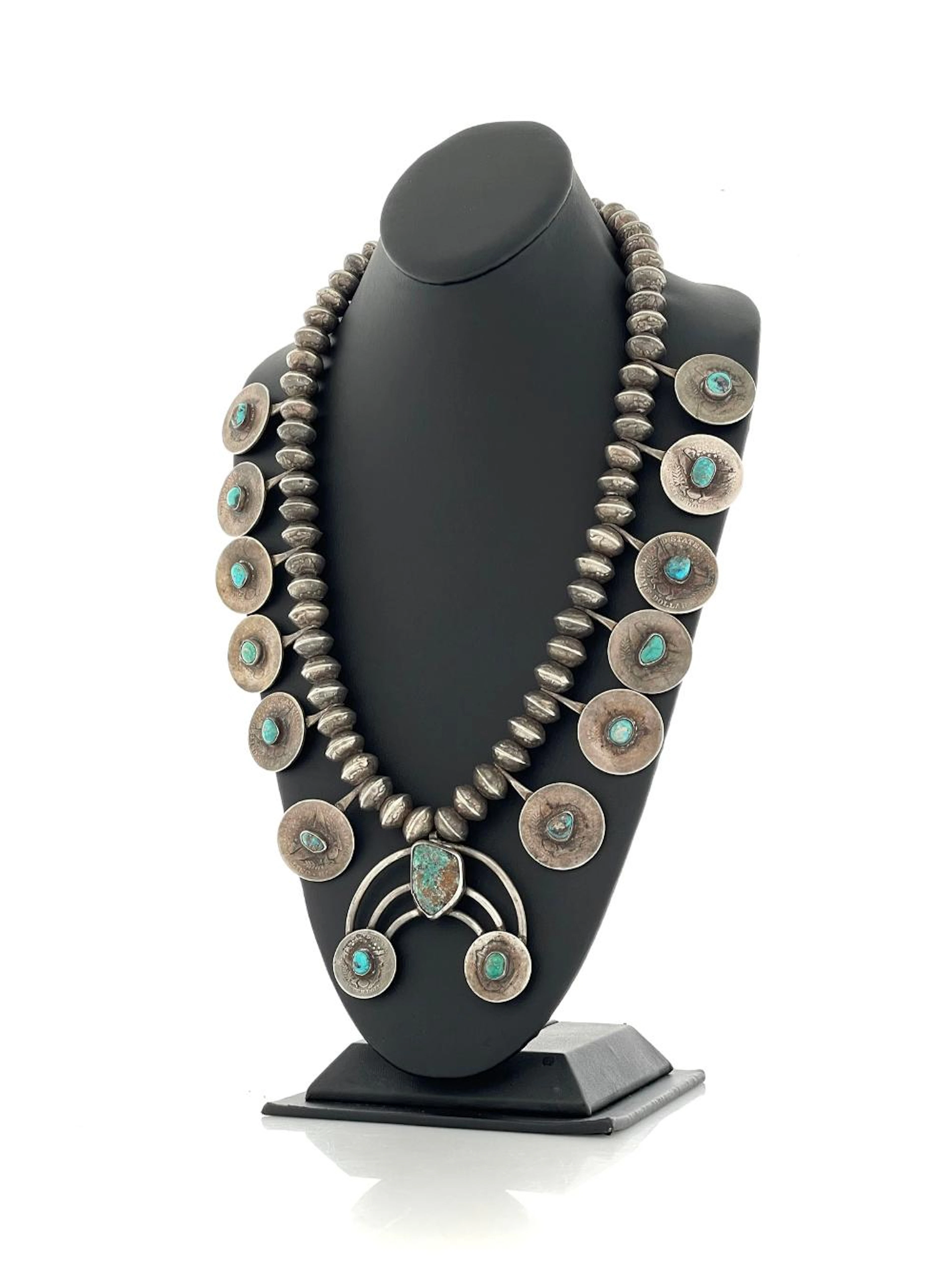 VINTAGE NAVAJO COIN SILVER & TURQUOISE SQUASH BLOSSOM NECKLACE