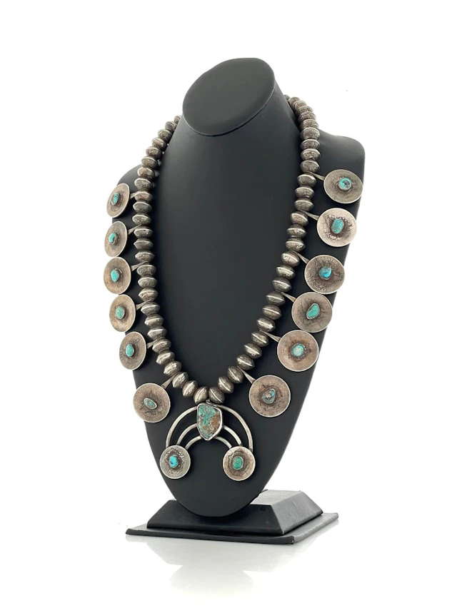 VINTAGE NAVAJO COIN SILVER & TURQUOISE SQUASH BLOSSOM NECKLACE