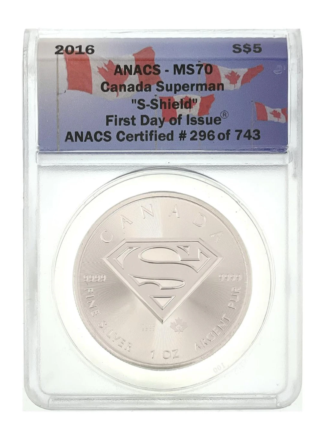 2016 CANADA SUPERMAN "S-SHIELD" 1OZ .999 SILVER MEDAL FIRST DAY OF