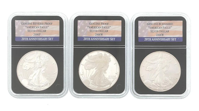 LOT OF 3 2006-P-W PROOF AMERICAN SILVER EAGLES 20TH ANNIVERSARY SET