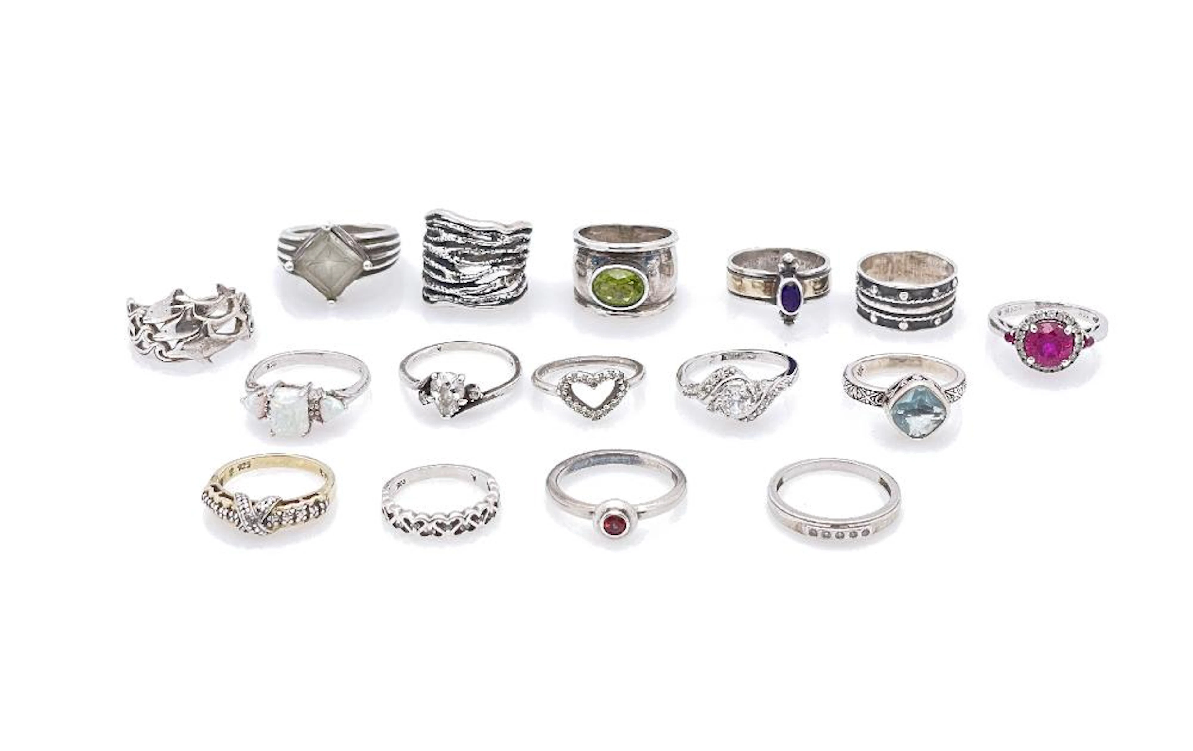 LOT OF 16 STERLING SILVER GEMSTONE RINGS