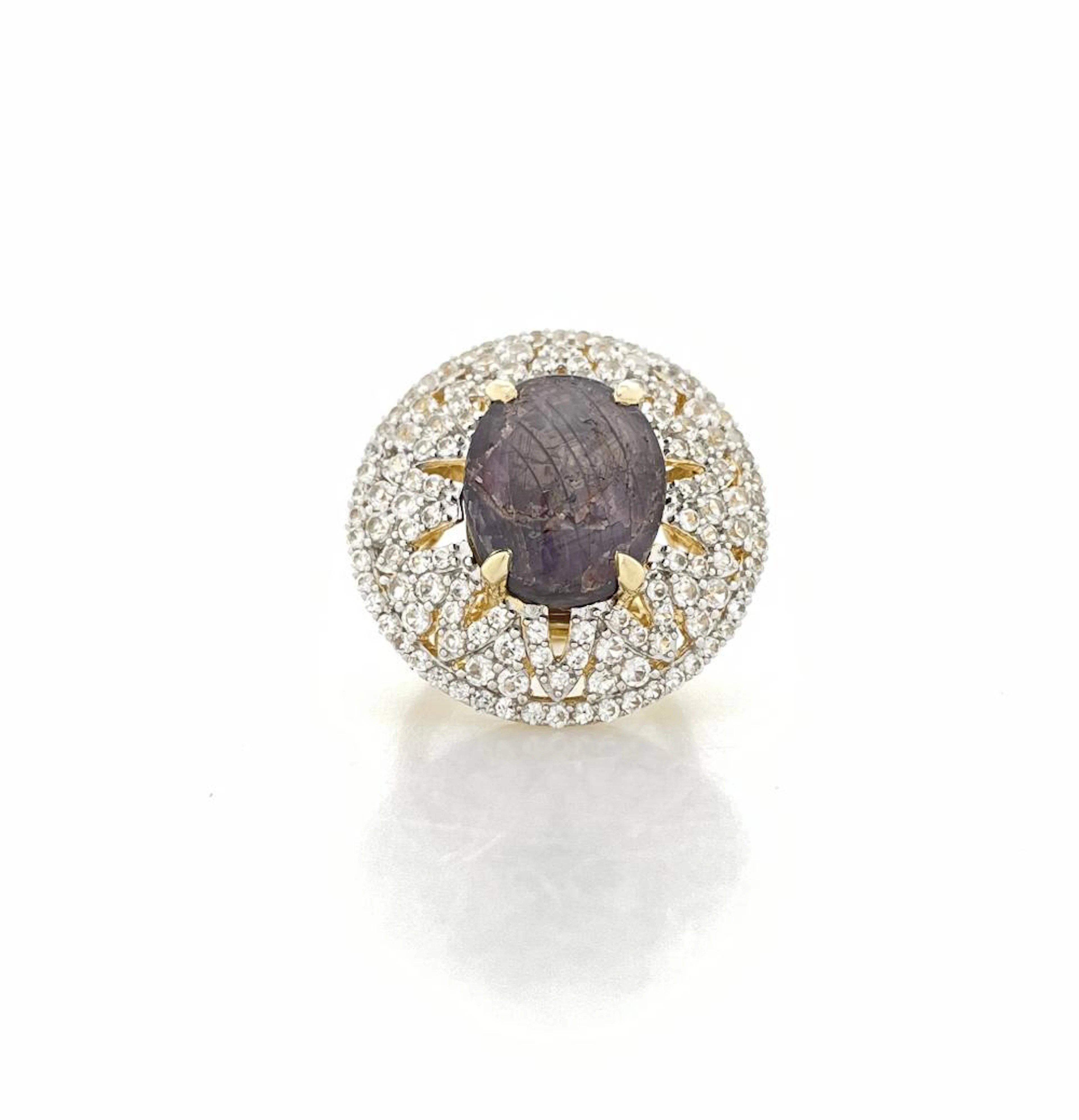 ORIANNE STERLING SILVER GOLD OVERLAY 24.89CTTW STAR RUBY & SAPPHIRE HALO RING
