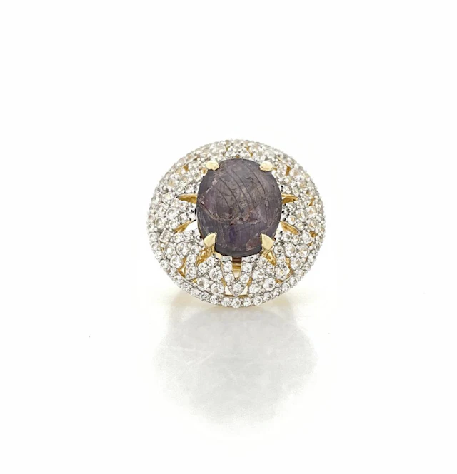 ORIANNE STERLING SILVER GOLD OVERLAY 24.89CTTW STAR RUBY & SAPPHIRE HALO RING