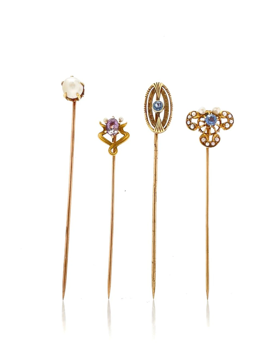 ANTIQUE 14K YELLOW GOLD SAPPHIRE, AMETHYST, PEARL & GLASS STICK PINS