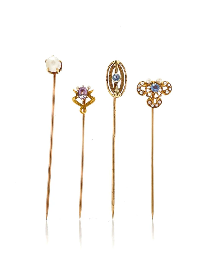 ANTIQUE 14K YELLOW GOLD SAPPHIRE, AMETHYST, PEARL & GLASS STICK PINS