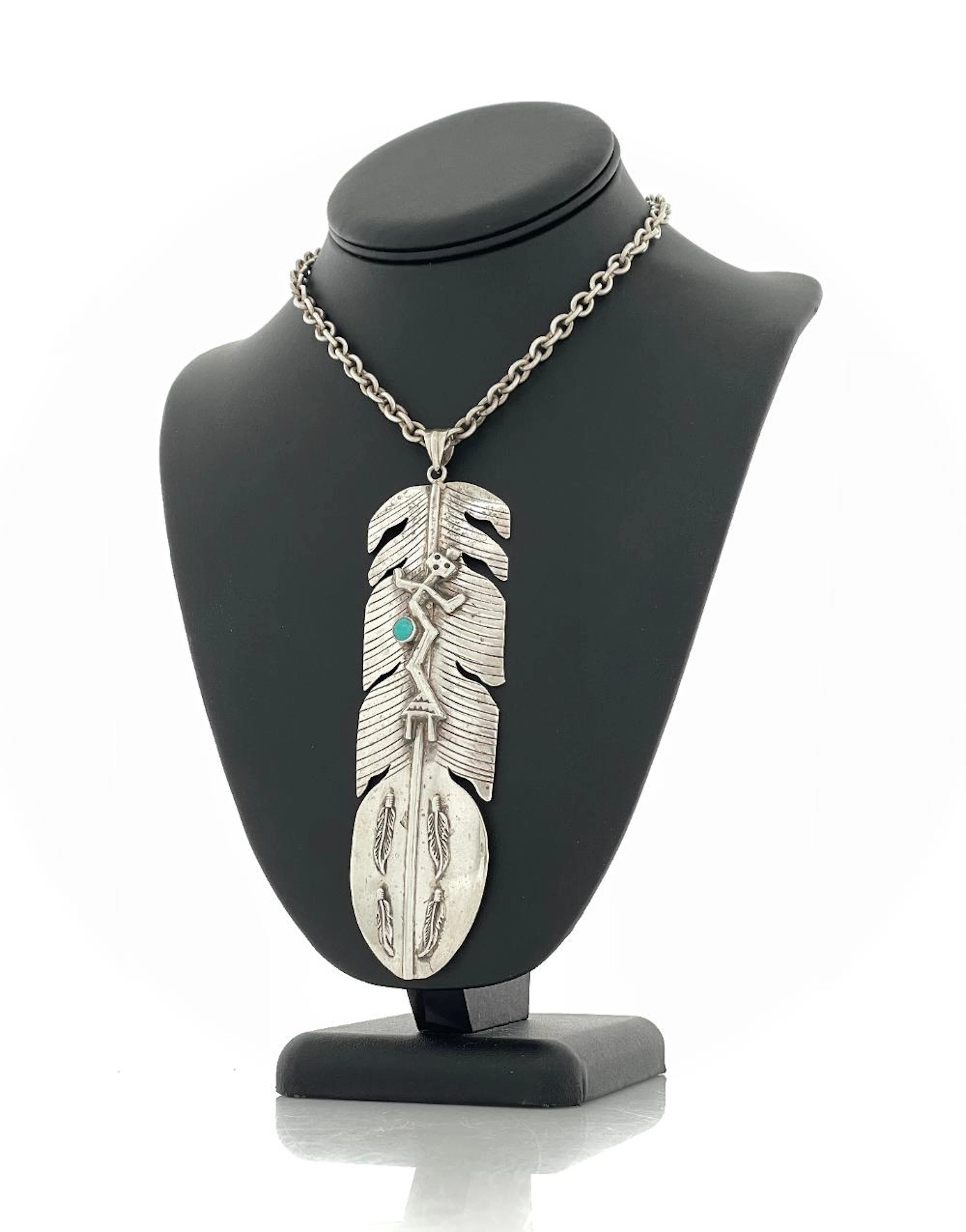 DOUGLAS ETSITTY NAVAJO STERLING SILVER TURQUOISE FEATHER PENDANT NECKLACE