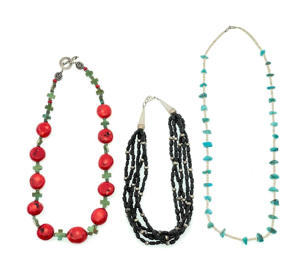 LOT OF 3 SOUTHWESTERN, NATIVE AMERICAN CORAL, TURQUOISE, JET & HEISHI NECKLACES