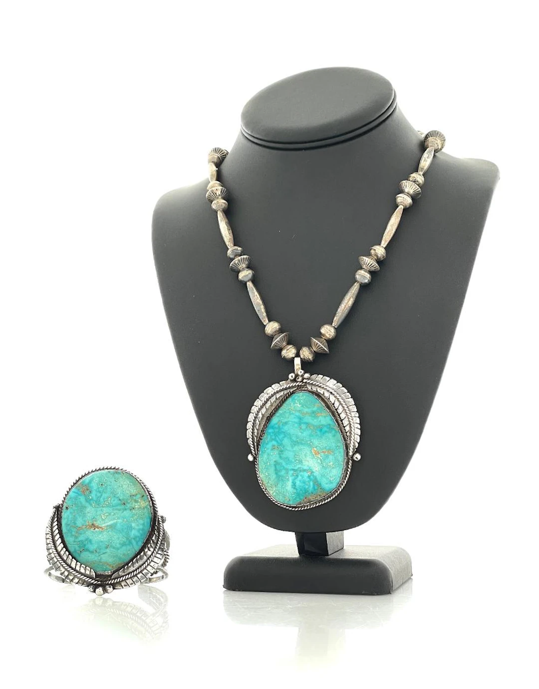 2PC SIGNED NATIVE AMERICAN STERLING SILVER TURQUOISE CUFF & PENDANT