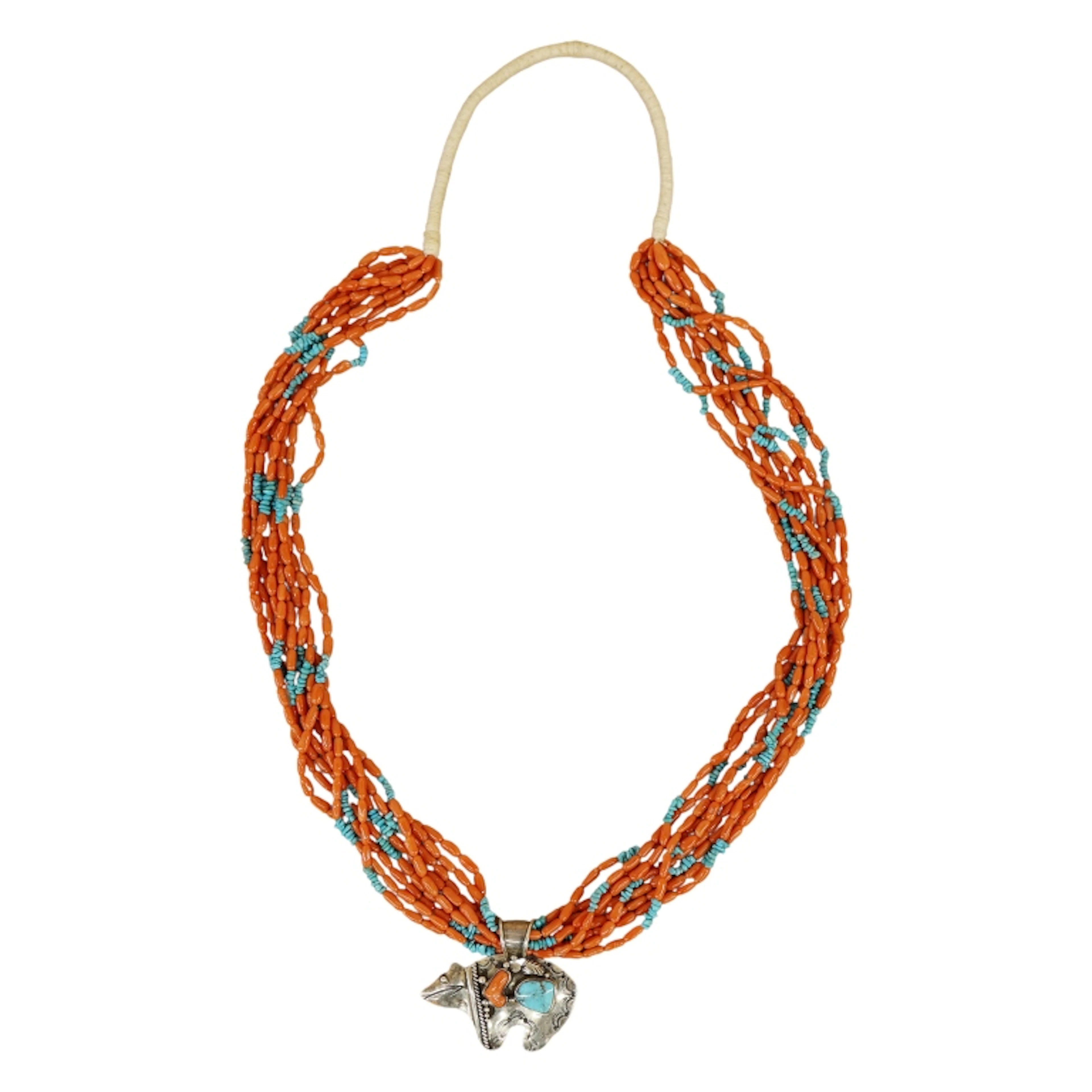 Navajo Coral Turquoise Sterling Bear Necklace