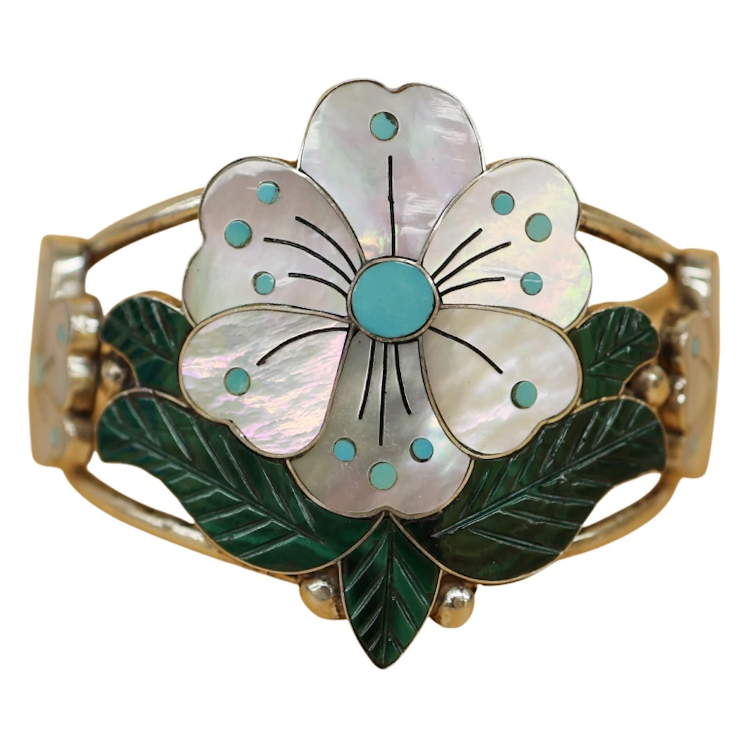 Sonny Wallace Zuni Sterling Inlaid Floral Cuff