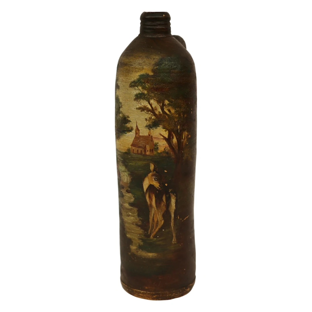 German Folk Art Hand-Painted Stoneware Bottle