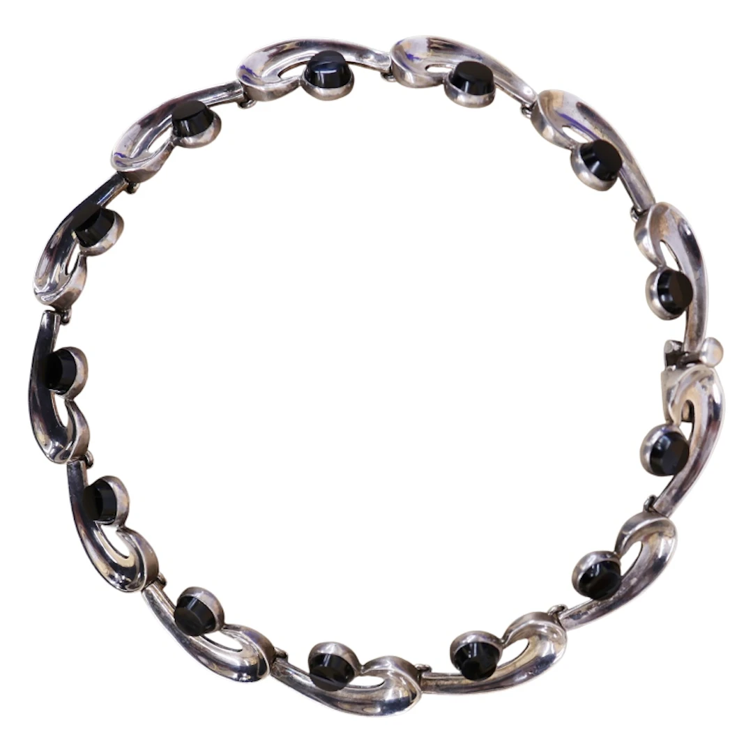 Signed Taxco 970 Silver Obsidian Comma Necklace