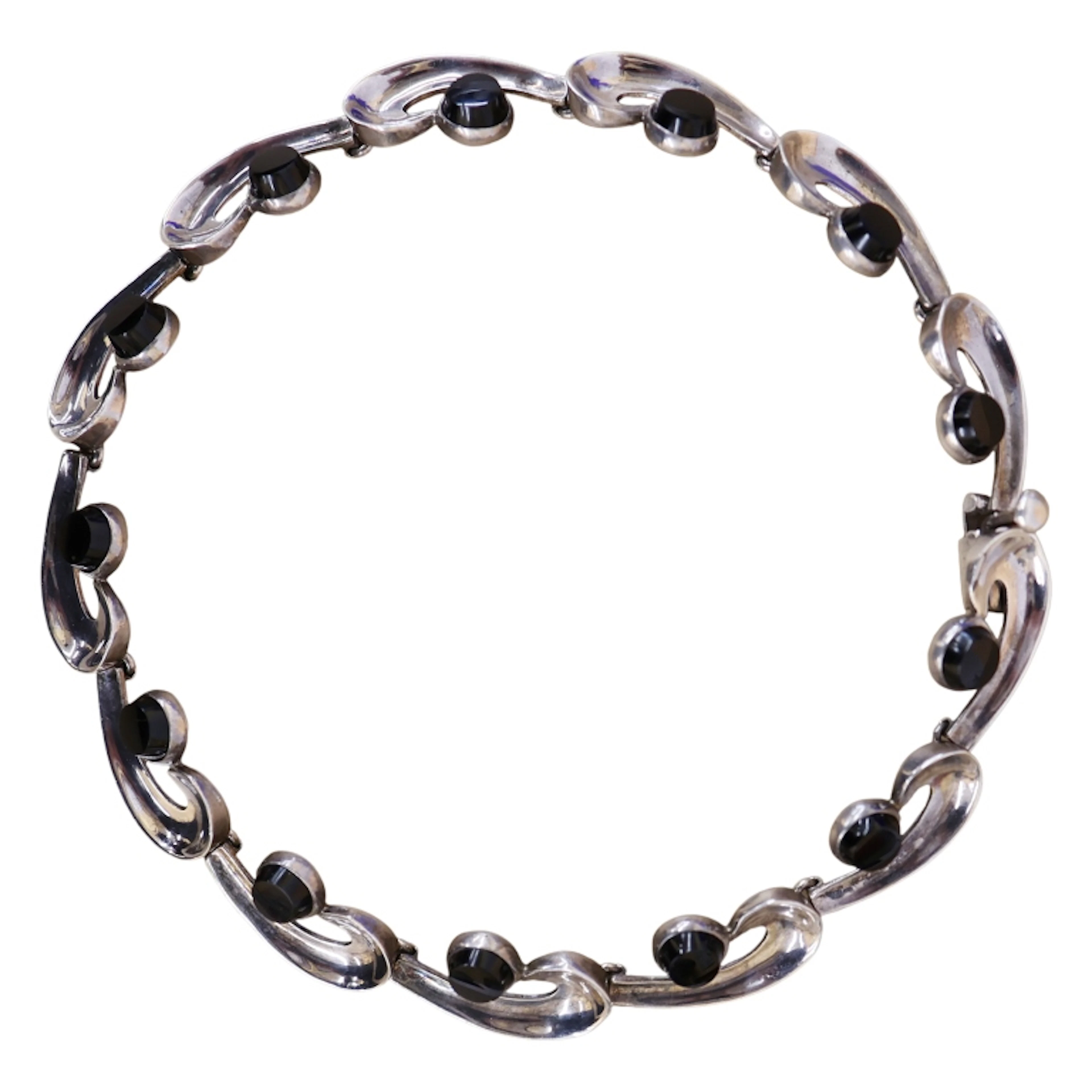 Signed Taxco 970 Silver Obsidian Comma Necklace