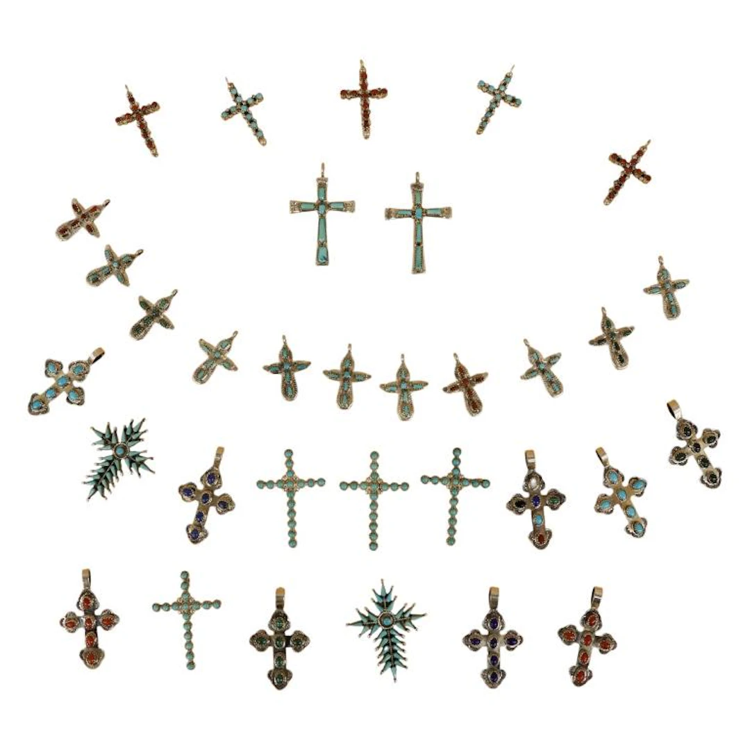 Sterling Zuni Inlaid Stone Cross Pendants Lot