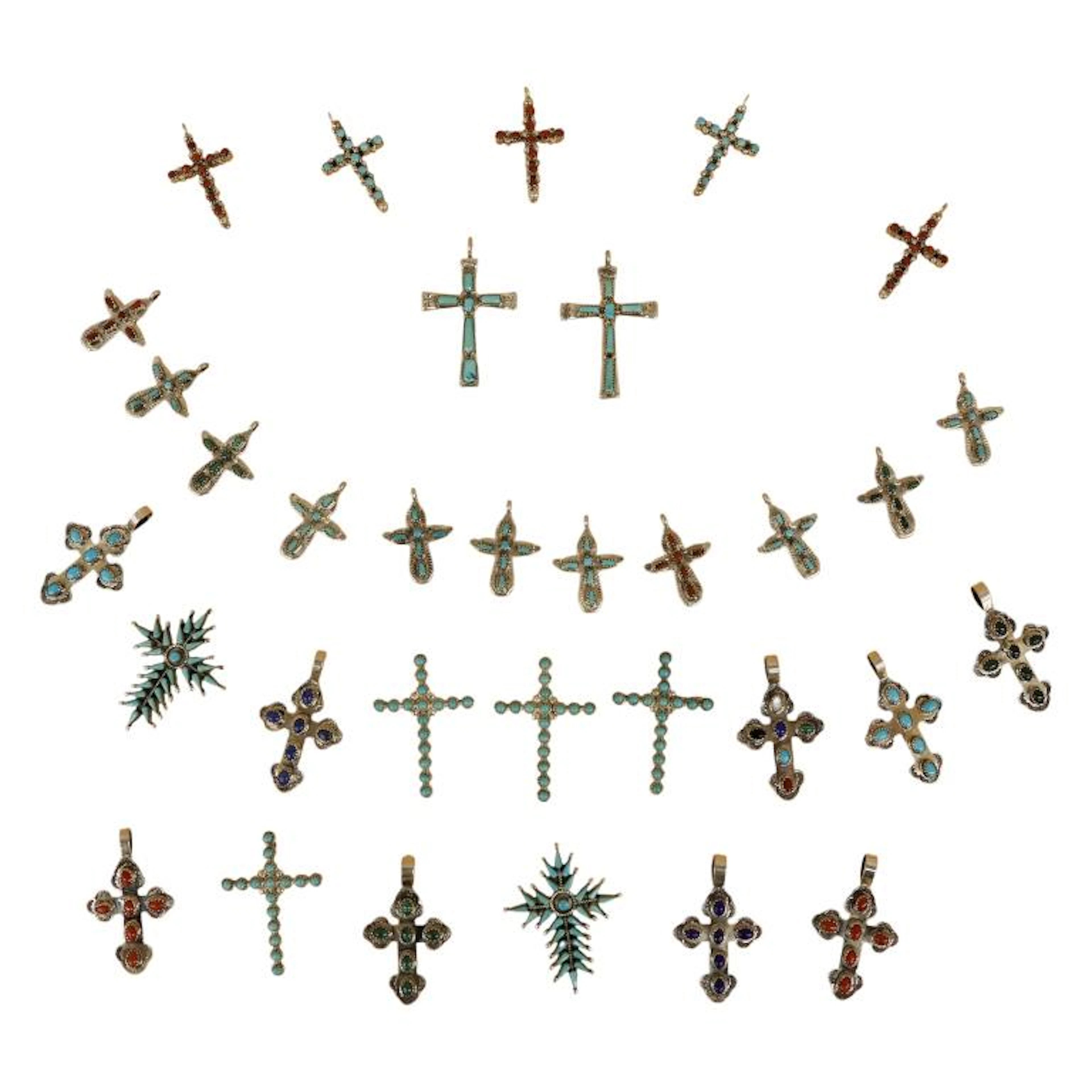 Sterling Zuni Inlaid Stone Cross Pendants Lot