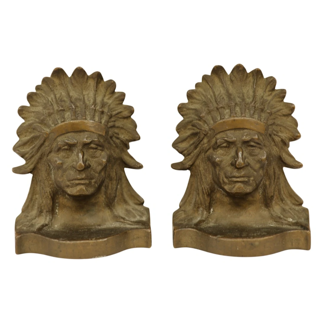 Pair Sitting Bull Native American Bronze Bookends