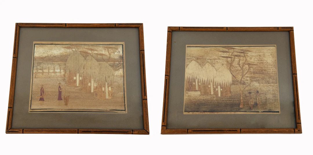 African Banana Fiber Village Scene Folk Art