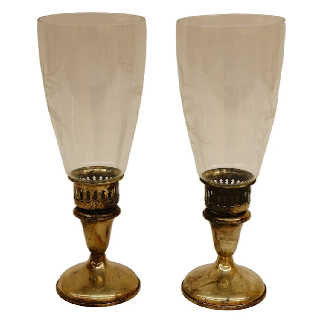 Sterling Silver & Etched Glass Hurricane Lamps
