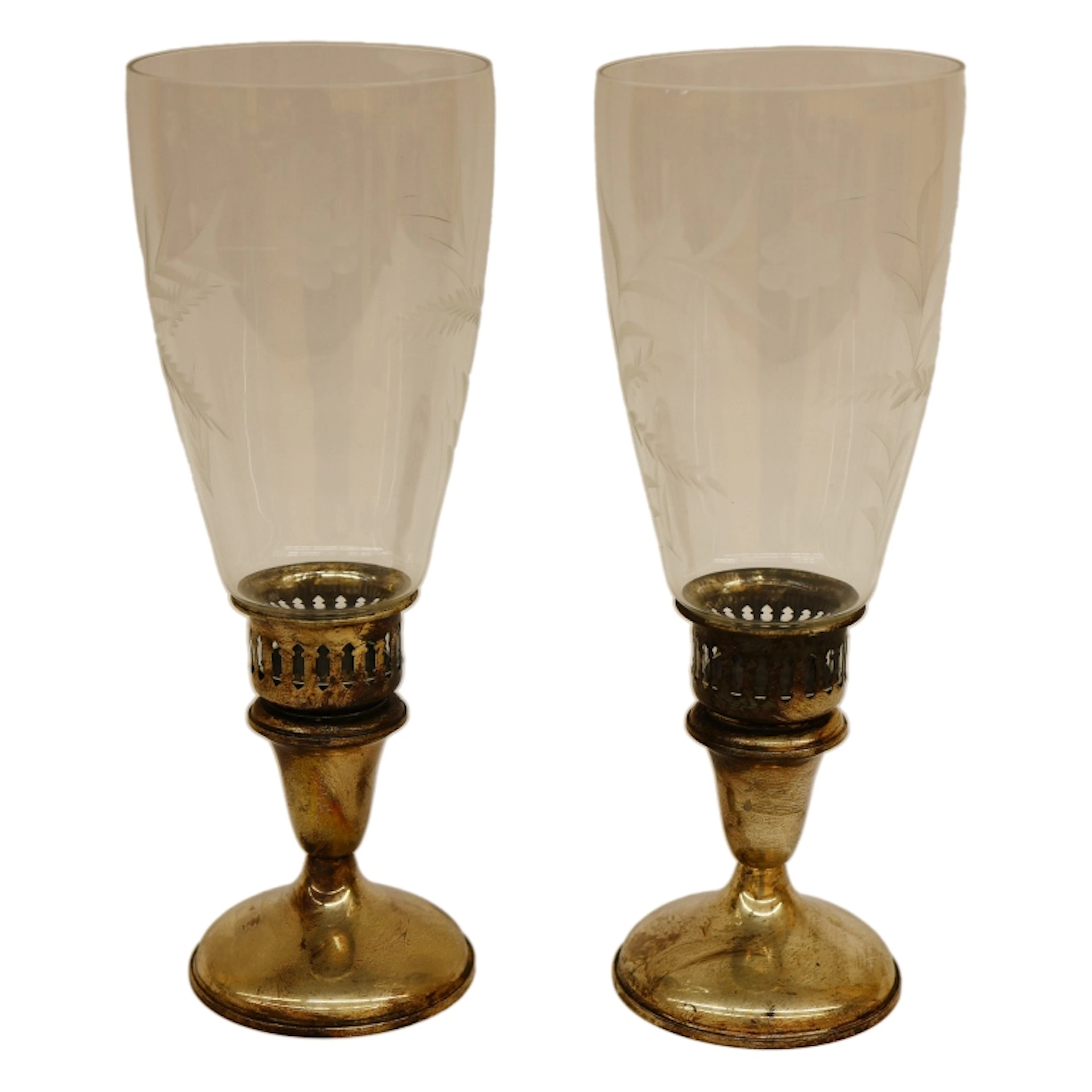 Sterling Silver & Etched Glass Hurricane Lamps