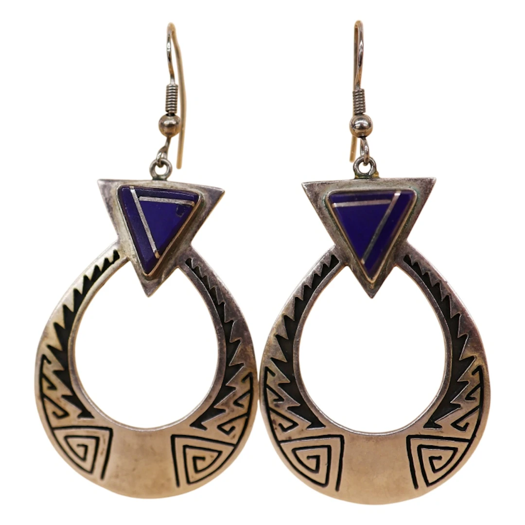 Abraham Begay Navajo Sterling Lapis Drop Earrings