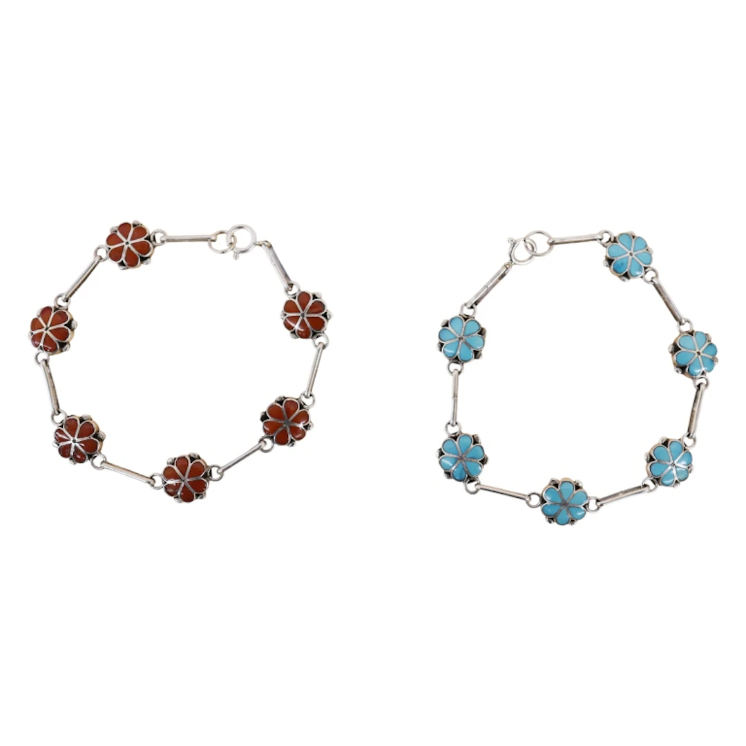 Zuni Sterling Turquoise Coral Inlay Bracelet Lot