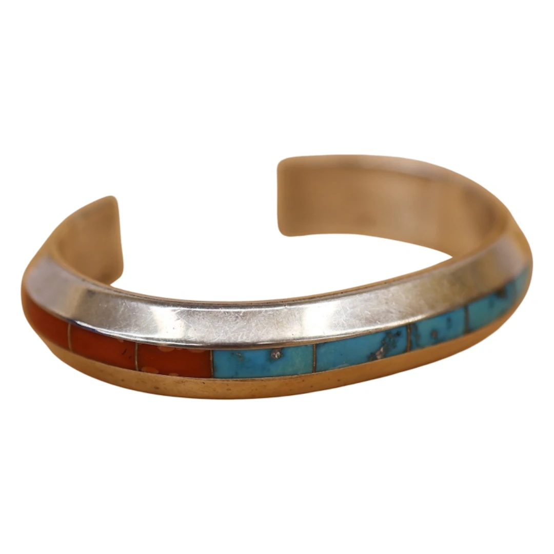 Johnny Coonsis Sterling Turquoise Coral Inlay Cuff