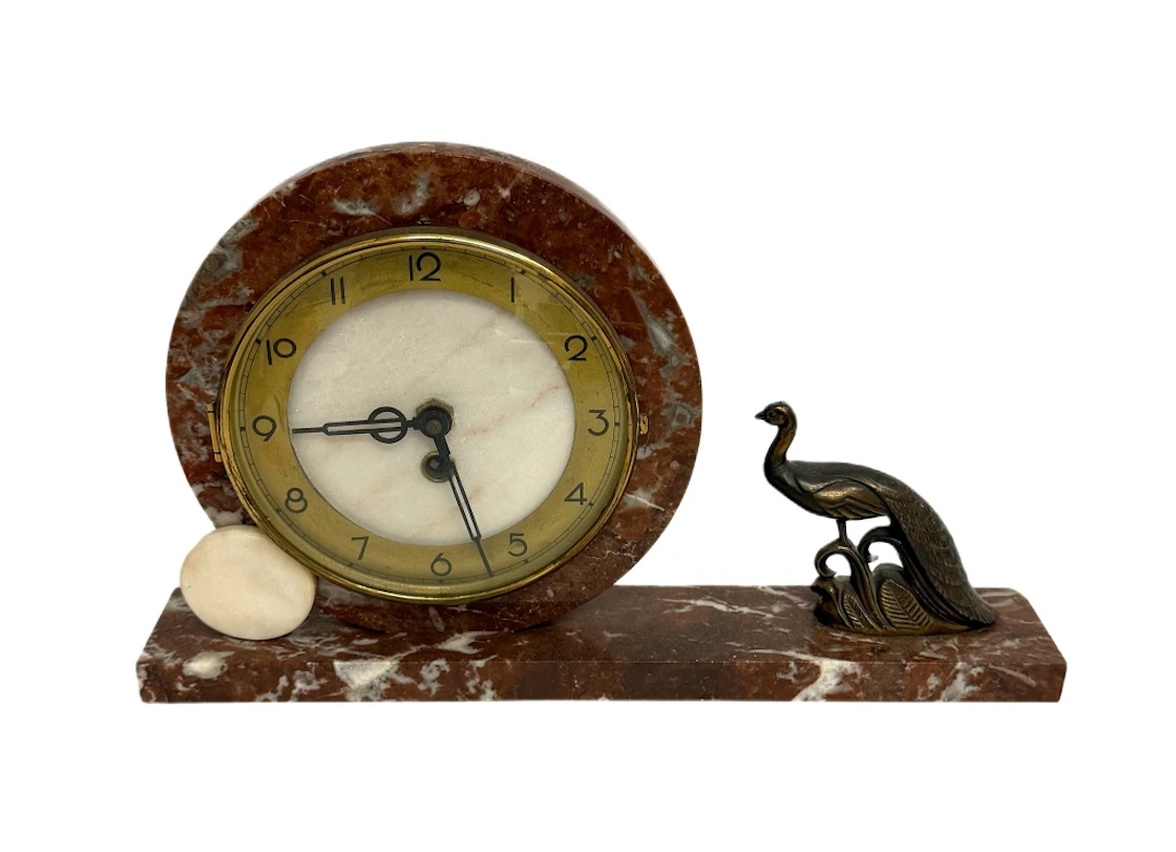 French Art Deco Breccia Marble Peacock Clock