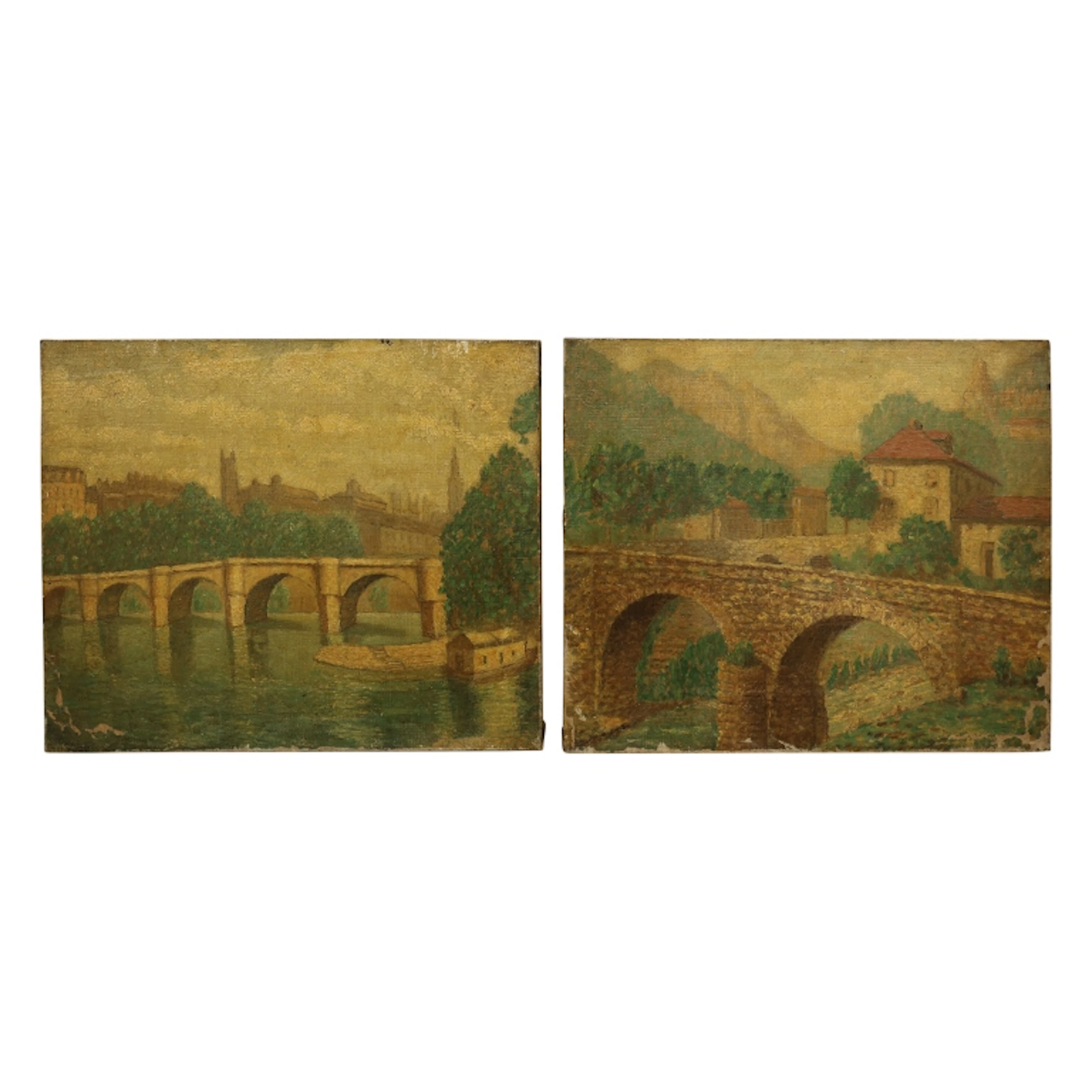 Pair of Antique European Bridge Oil Paintings