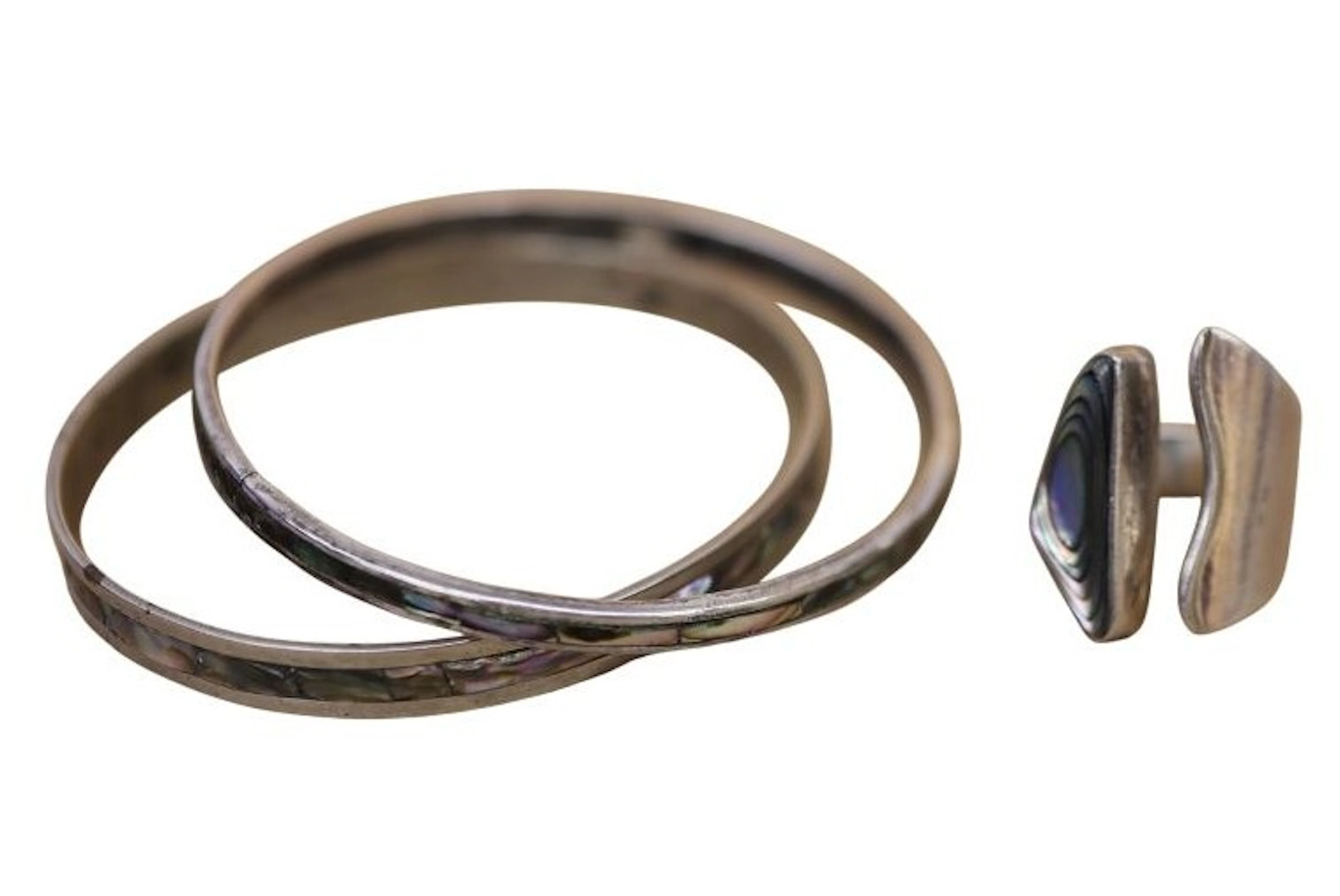 Signed Sterling Abalone Ring & Bangles Lot -Mexico