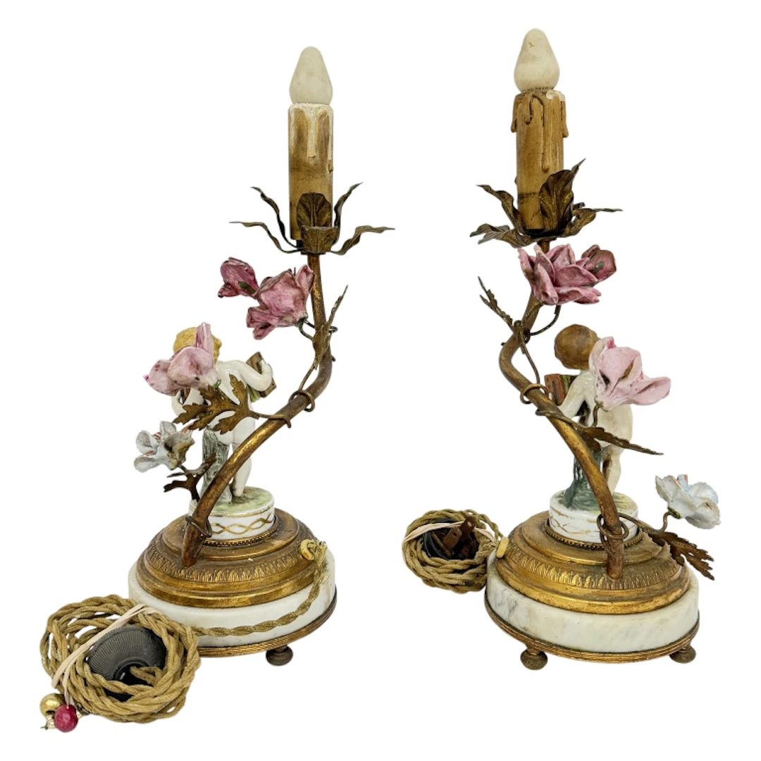 Pair French Louis XV Ormolu Porcelain Cherub Lamps