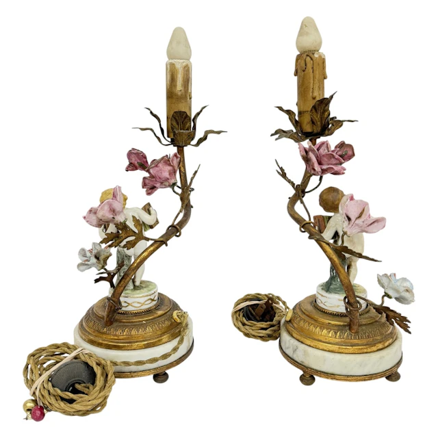 Pair French Louis XV Ormolu Porcelain Cherub Lamps