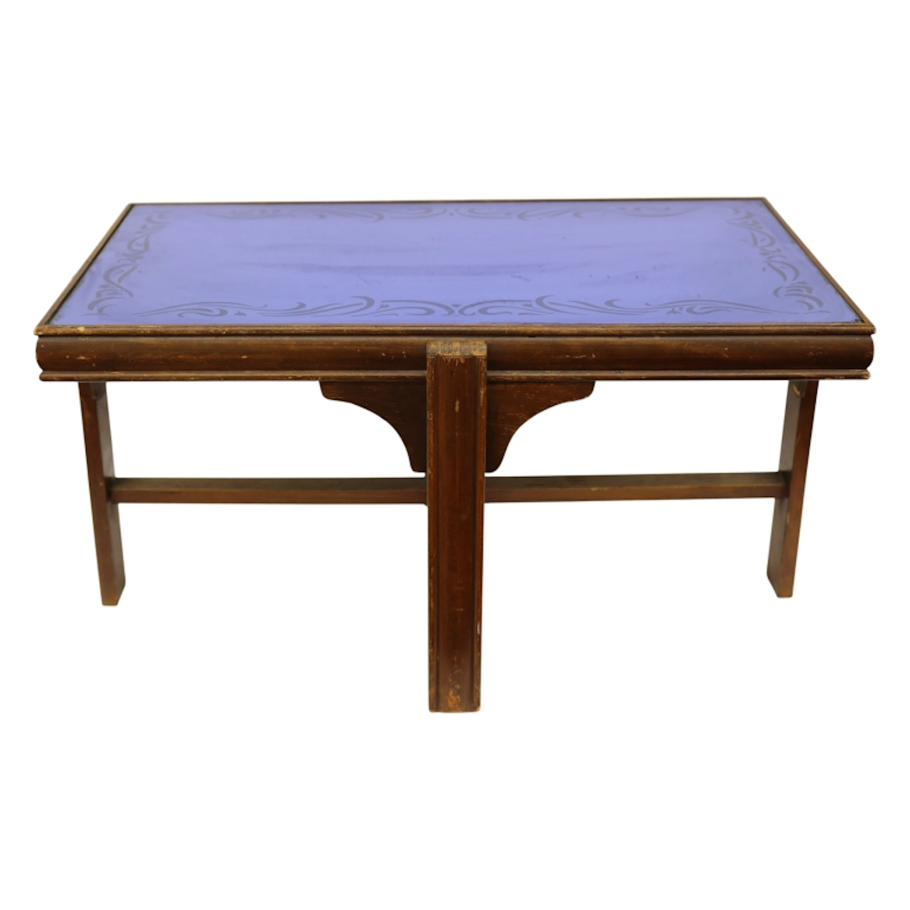Art Deco Beech Coffee Table Periwinkle Glass Top