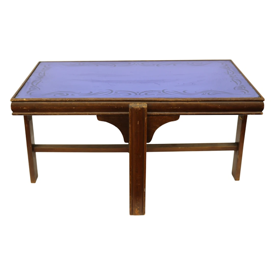 Art Deco Beech Coffee Table Periwinkle Glass Top