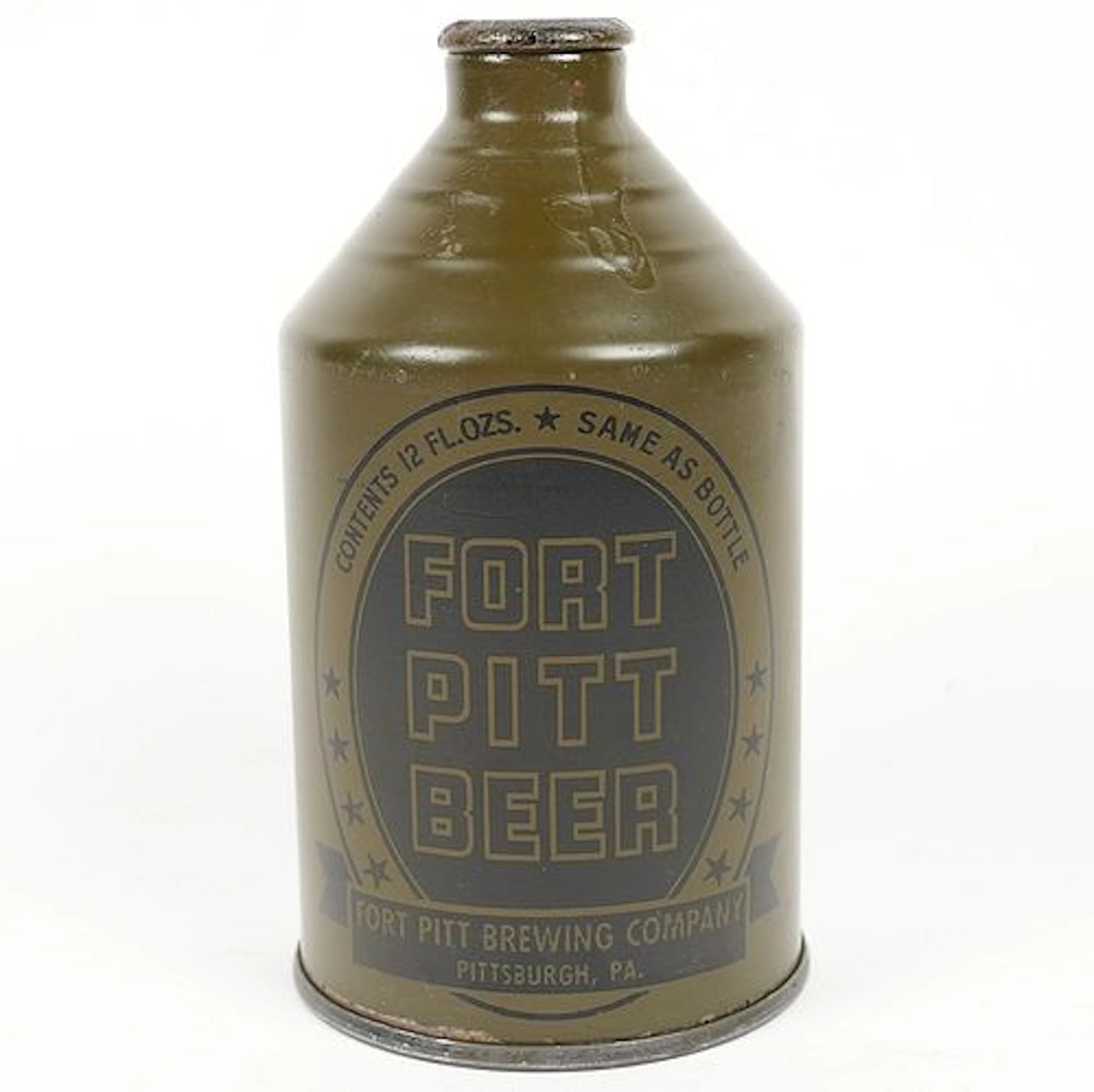 Fort Pitt Beer Olive Drab Crowntainer WITHDRAWN FREE 194-8 WWII HIGH GRADE