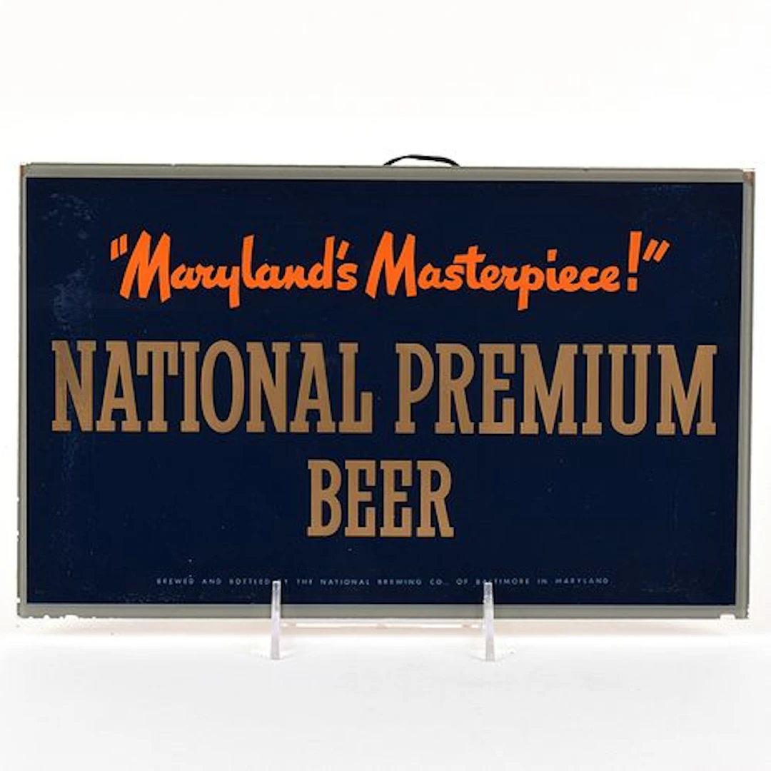 National Premium Beer 1950s Reverse-Painted Glass Sign
