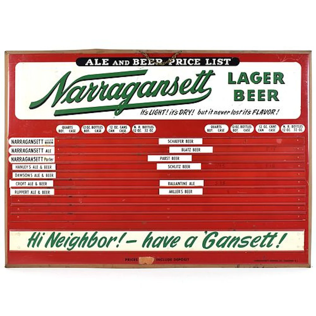 Narragansett Ale Beer Price List Tin Sign SCARCE EXCELLENT