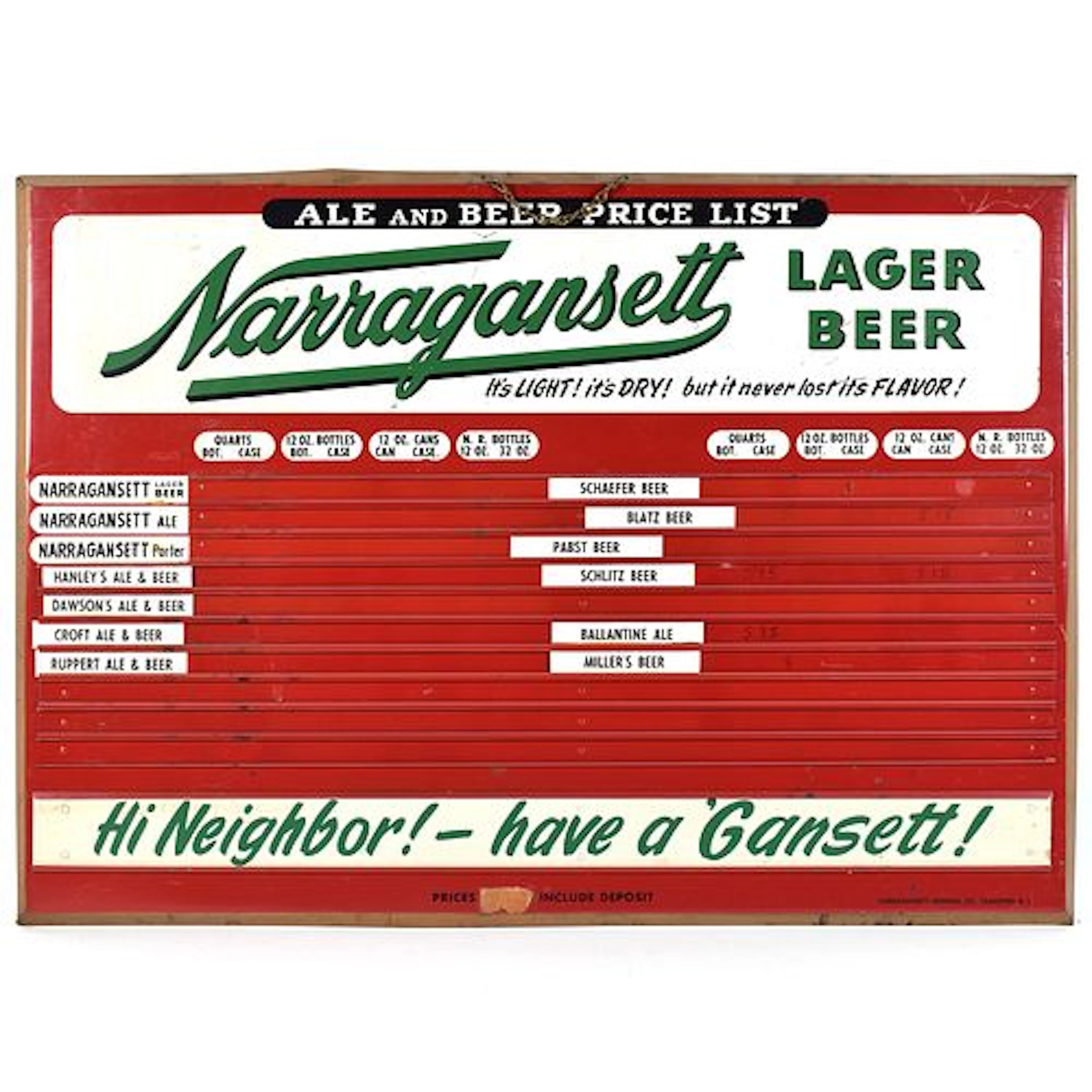 Narragansett Ale Beer Price List Tin Sign SCARCE EXCELLENT