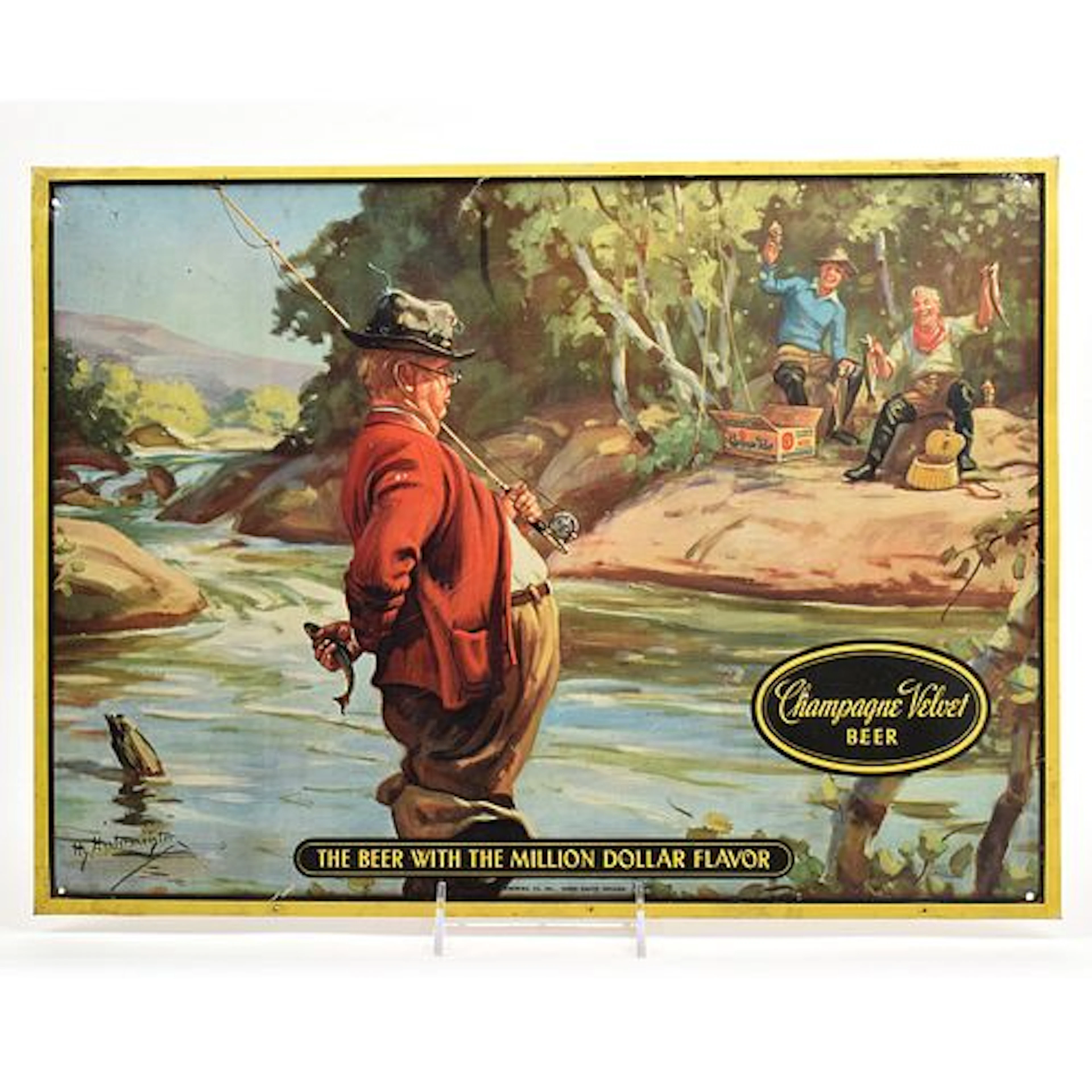 Champagne Velvet 1940s Humorous Fishing Series Tin-Over-Cardboard
