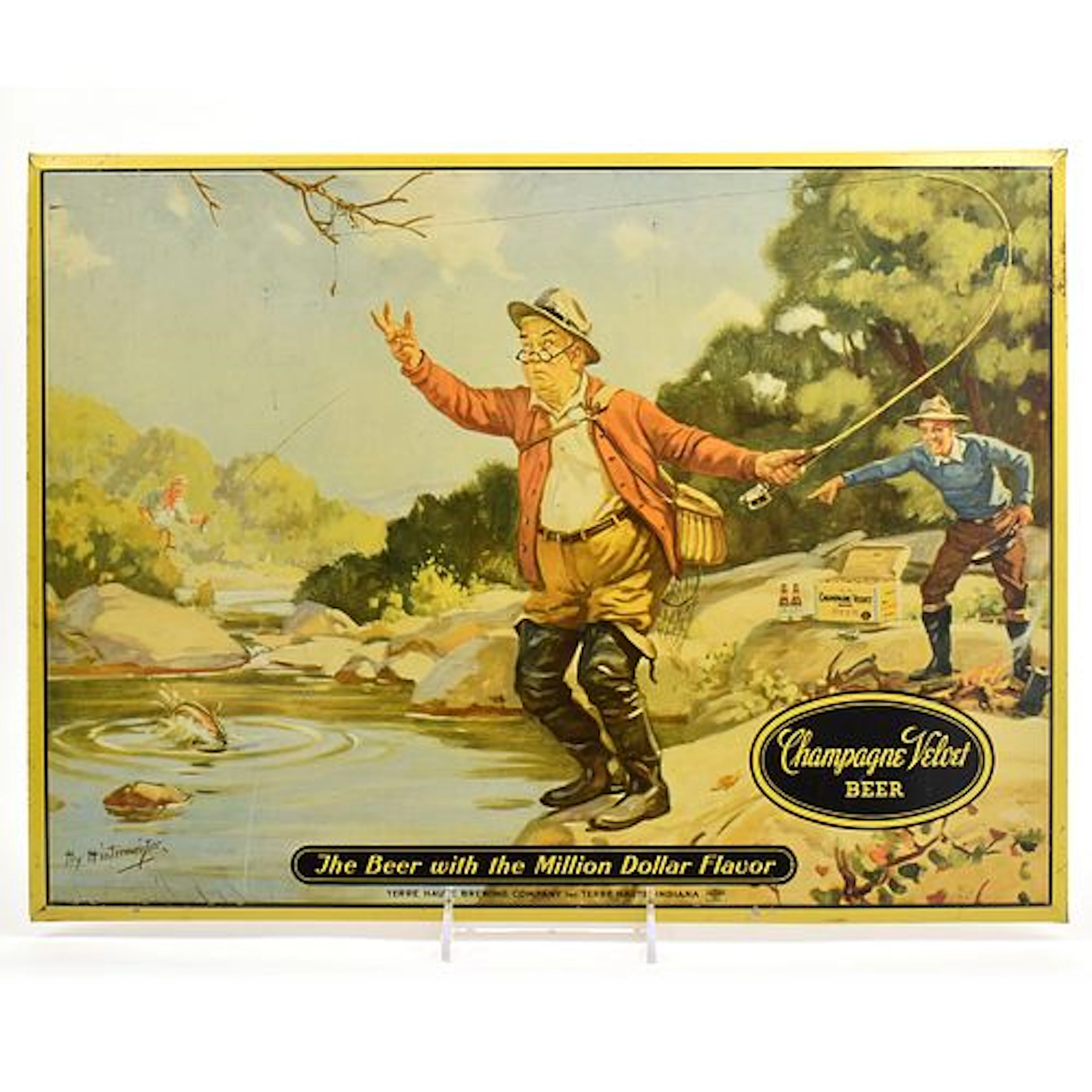 Champagne Velvet 1940s Humorous Fishing Series Tin-Over-Cardboard