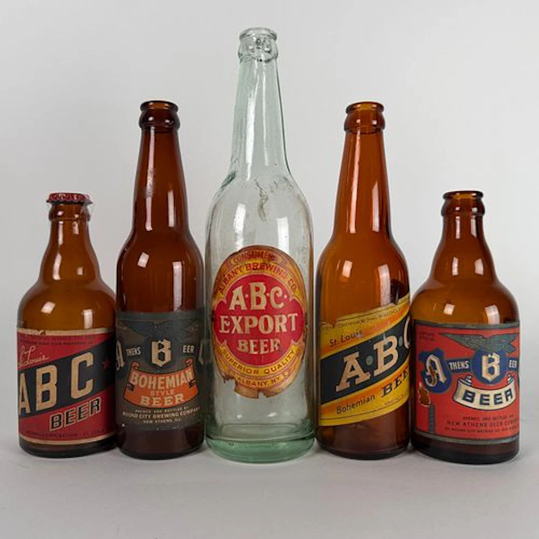 Five ABC Labeled Beer Bottles ST. LOUIS, ALBANY & NEW ATHENS