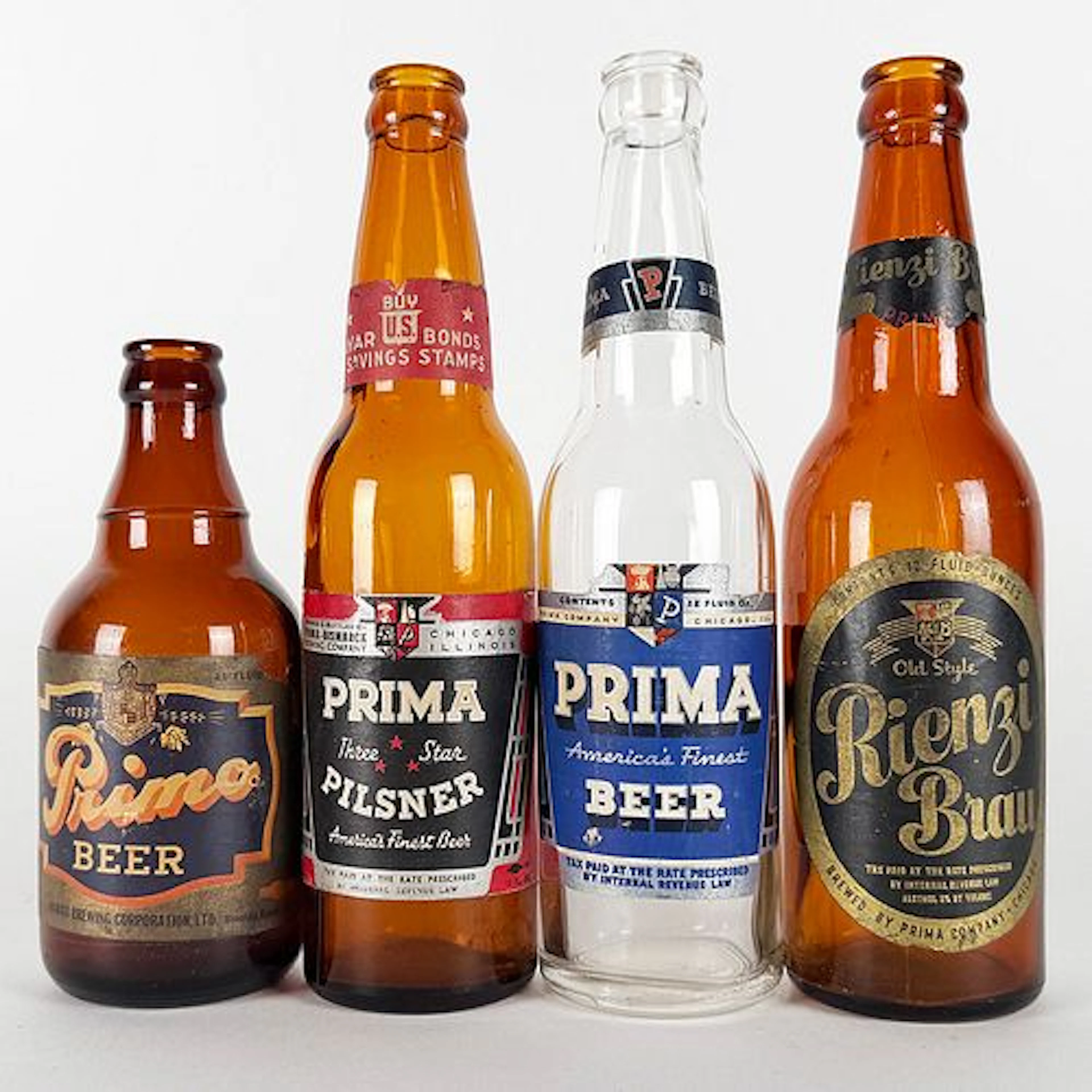 Four Labeled Beer Bottles: Primo, Prima & Rienzi Brau HAWAII & CHICAGO