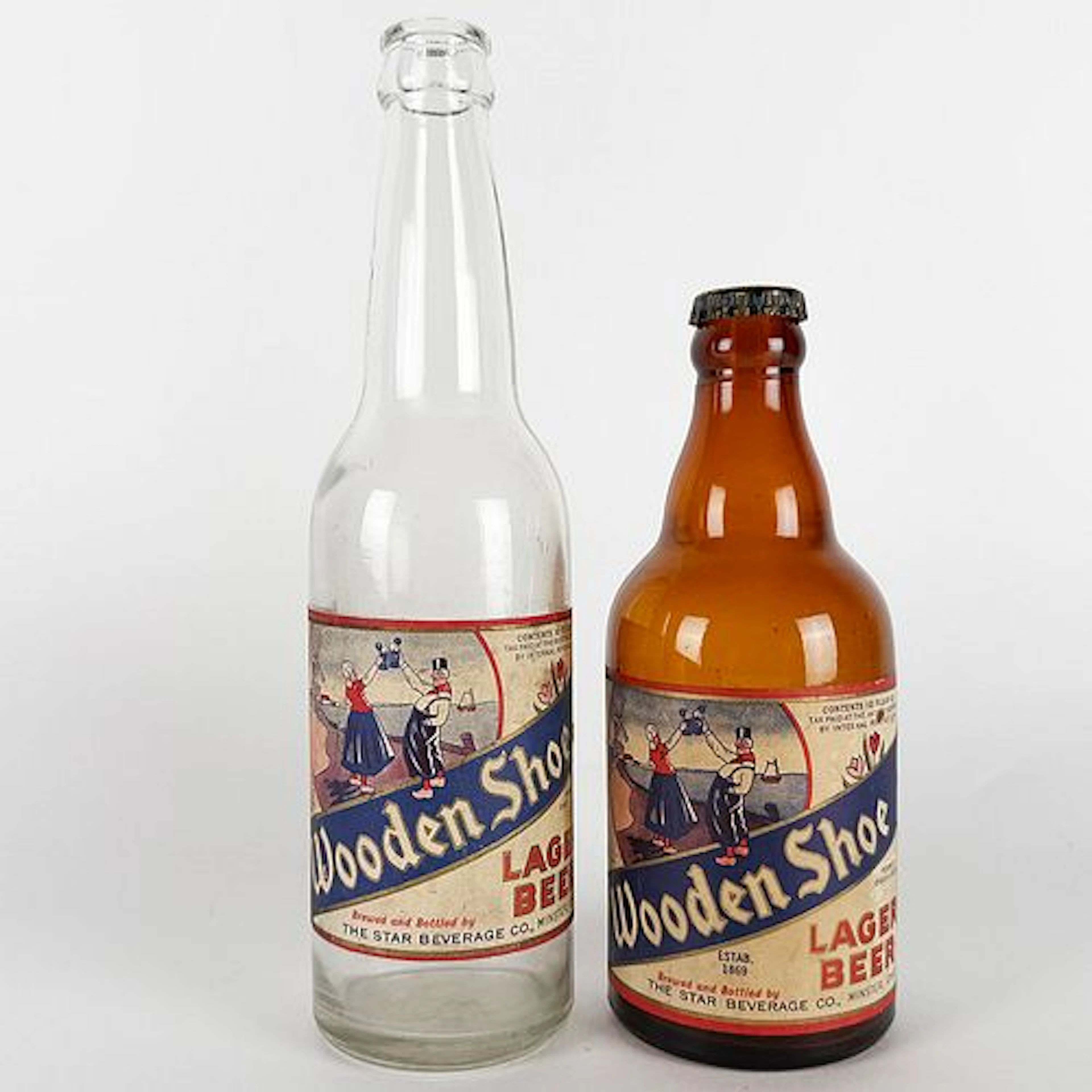 Two Wooden Shoe Lager Beer Labeled Bottles MINSTER OHIO