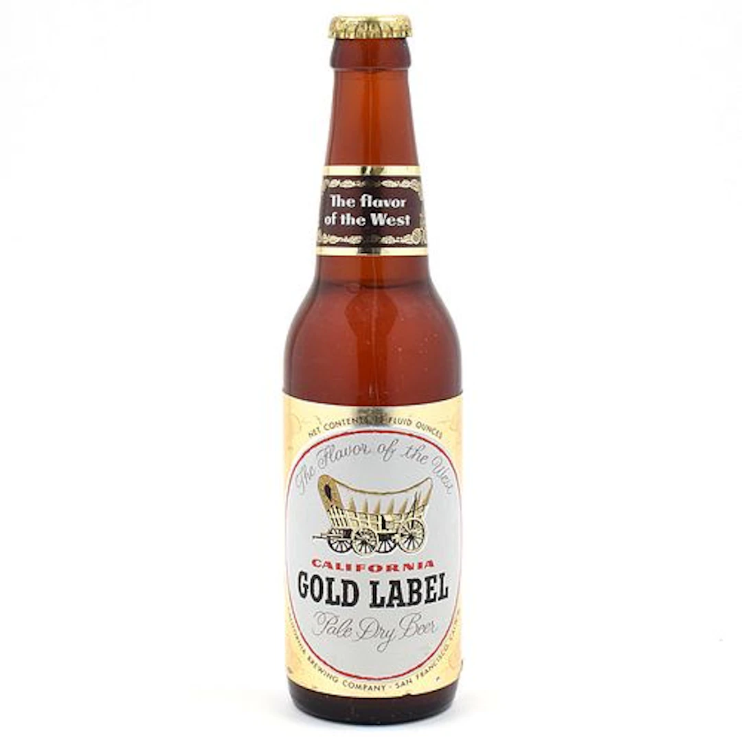 California Gold Label Beer 1950s Long Neck Bottle FULL COVERED WAGON