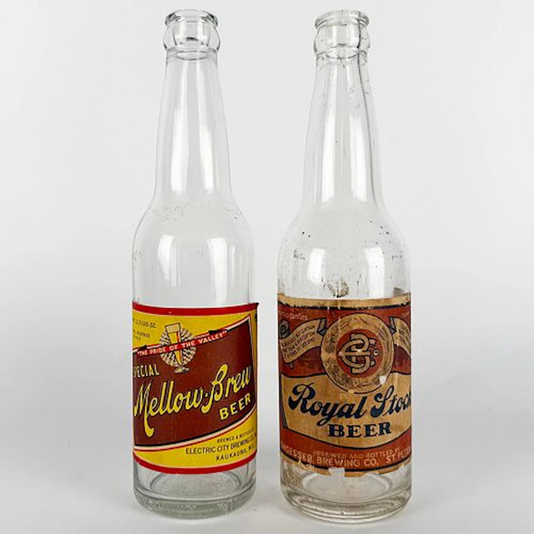 Two Labeled Bottles: Mellow-Brew & Engesser Royal Stock Beer