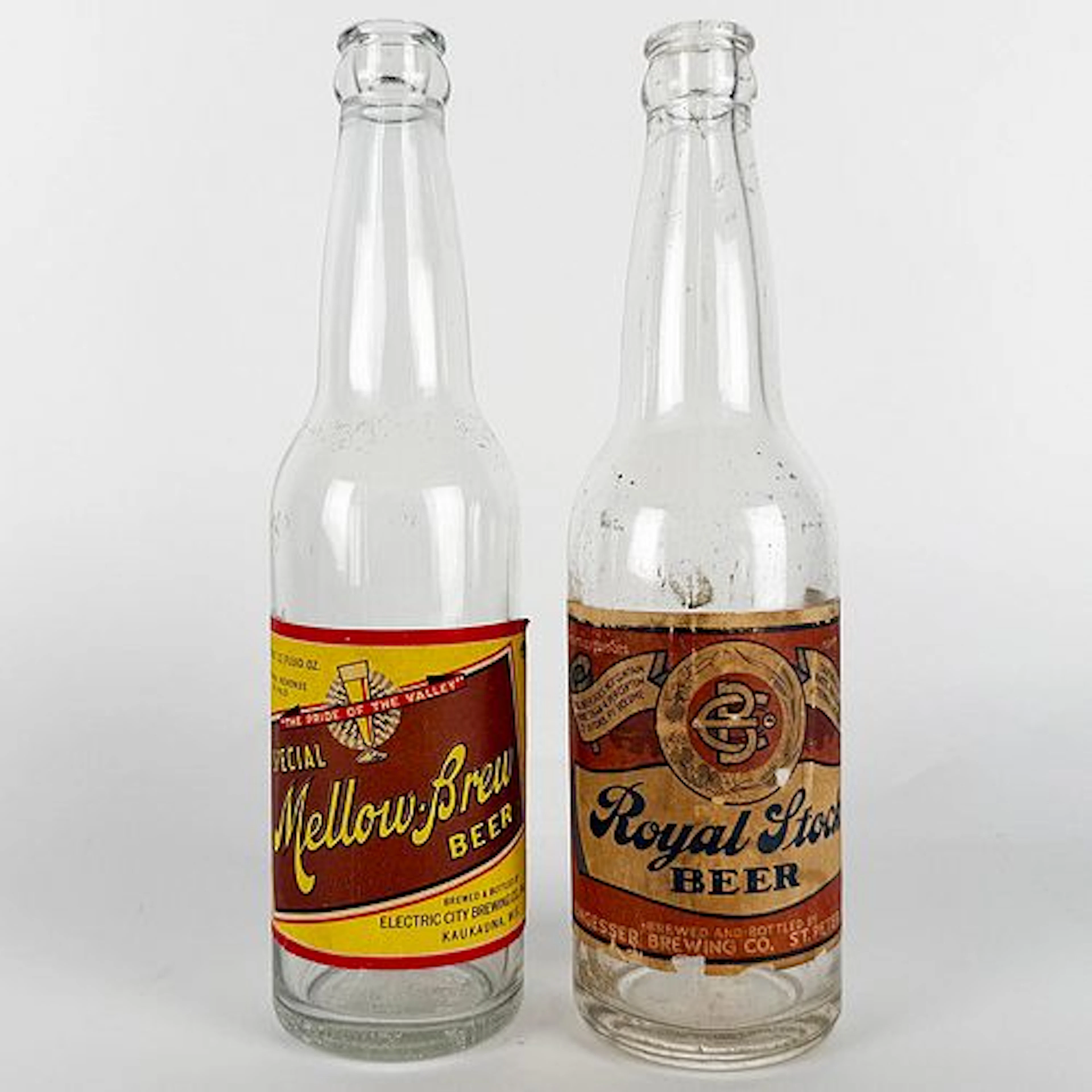 Two Labeled Bottles: Mellow-Brew & Engesser Royal Stock Beer