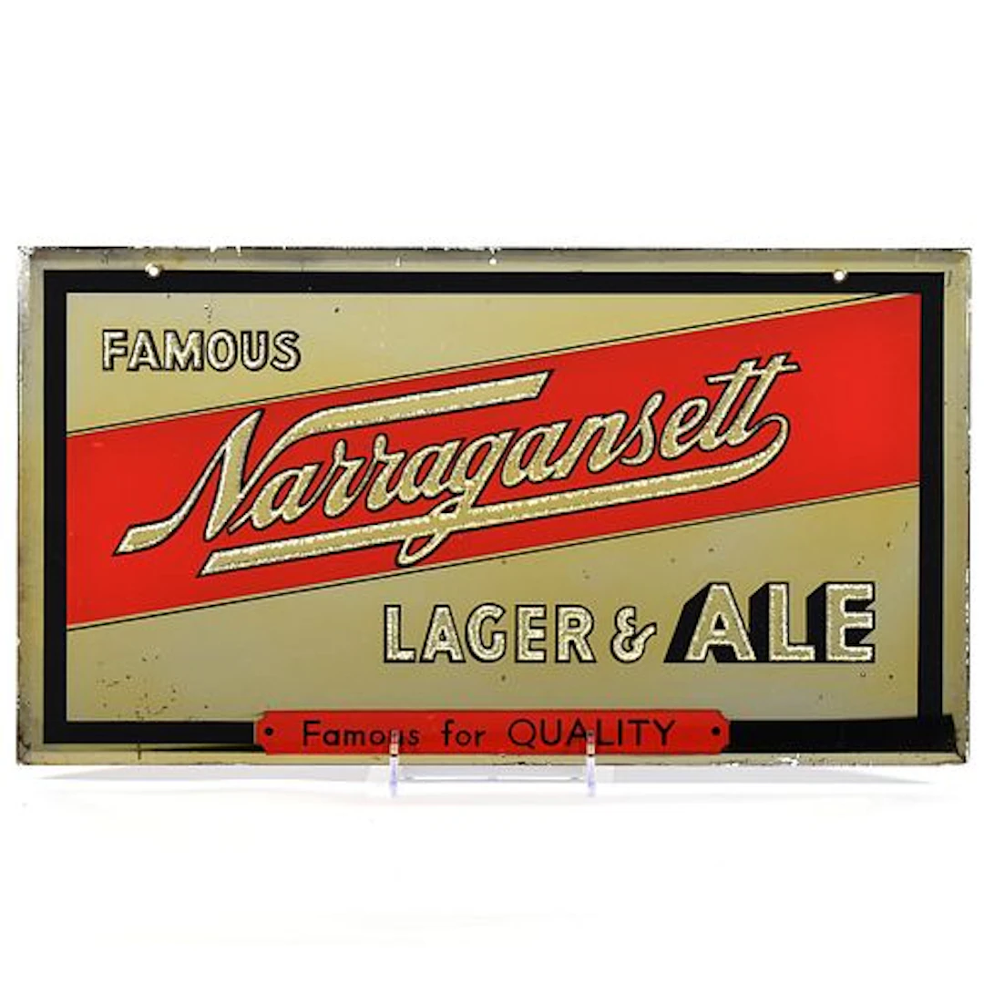 Narragansett Lager-Ale 1940s Reverse-Painted Mirrored Glass Sign