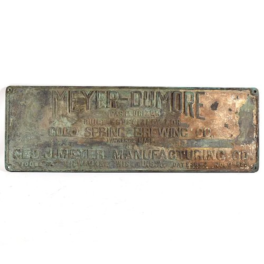 Cold Spring Brewing Meyer Dumore Embossed Brass Pasteurizer Machine Plaque