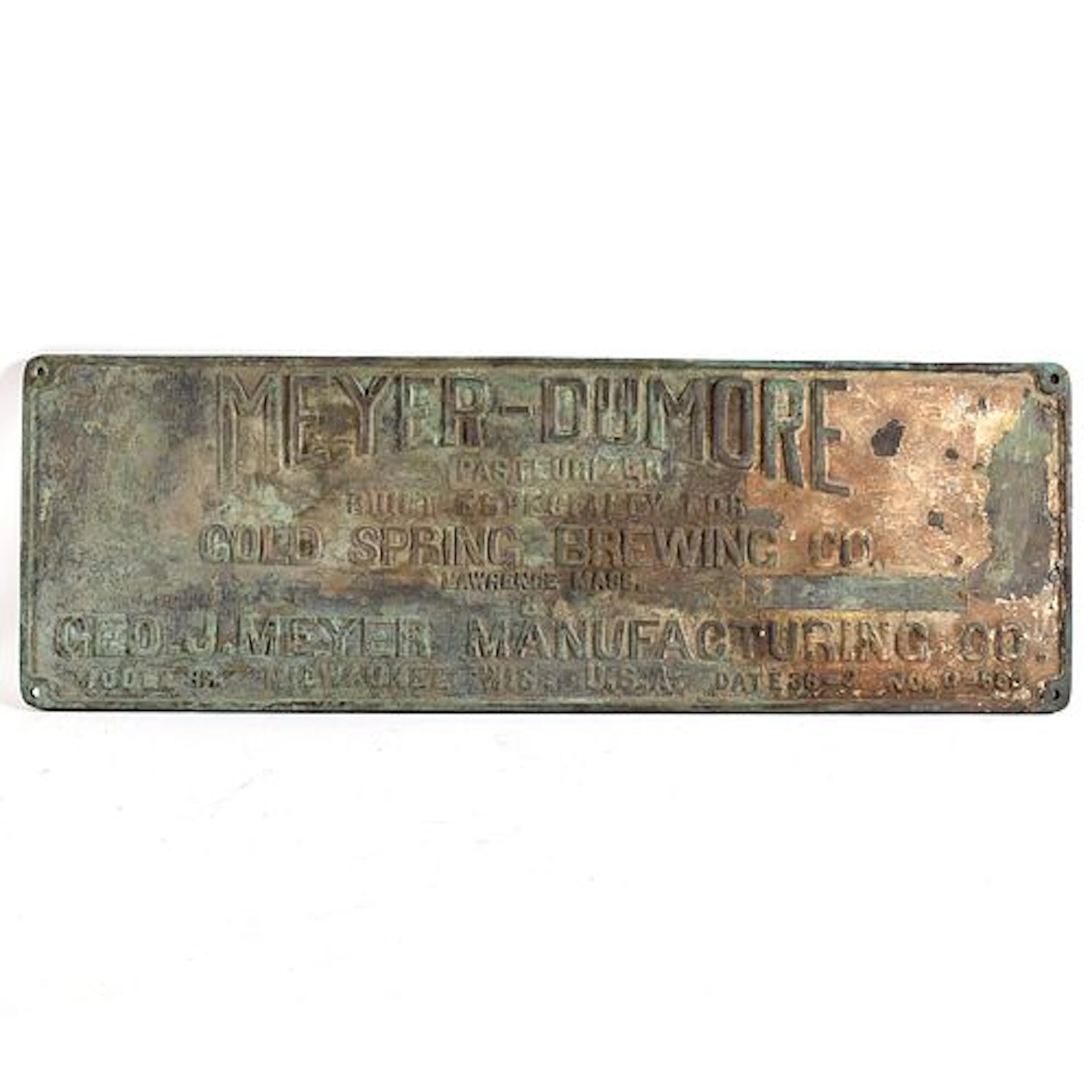 Cold Spring Brewing Meyer Dumore Embossed Brass Pasteurizer Machine Plaque
