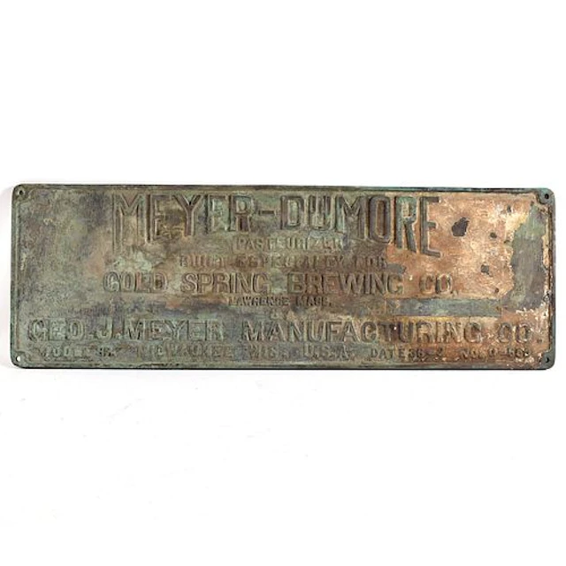 Cold Spring Brewing Meyer Dumore Embossed Brass Pasteurizer Machine Plaque
