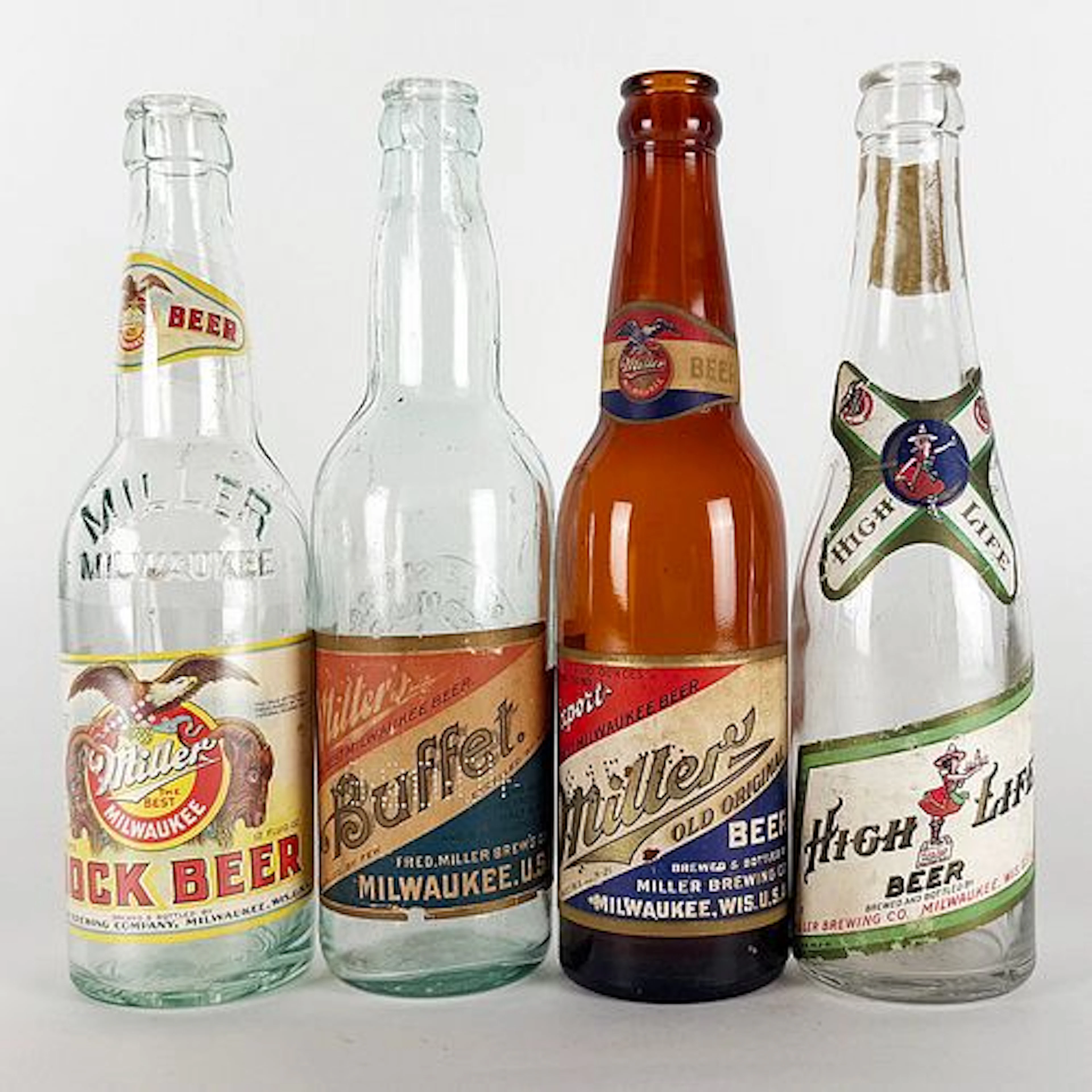 Four Miller Labeled Bottles: Buffet, Bock, Old Original & High Life MILWAUKEE